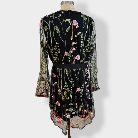 Women's Floral Embroidery Mesh Long Sleeve Black Dress XL - Picture 4 of 6